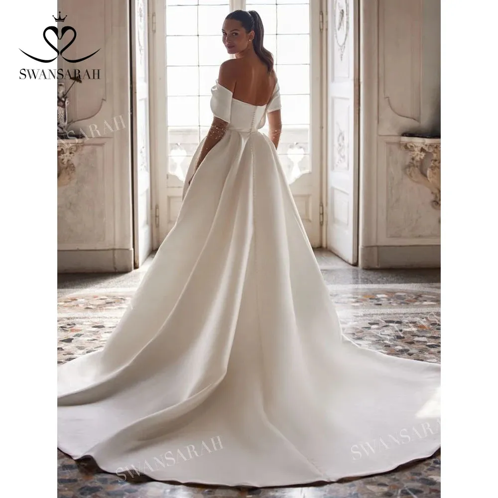 Off the Shoulder A-Line Wedding Dress Long Sleeve Pearl Princess