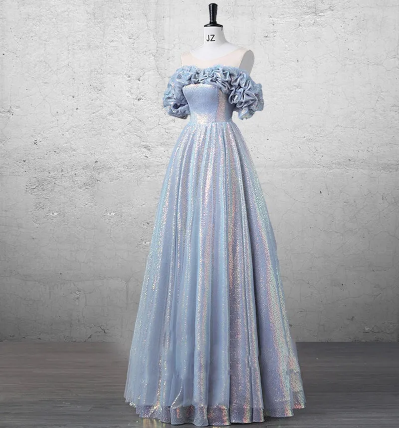 Off The Shoulder Sequin Prom Dress Sheer Neck Floor Length Ball Gown