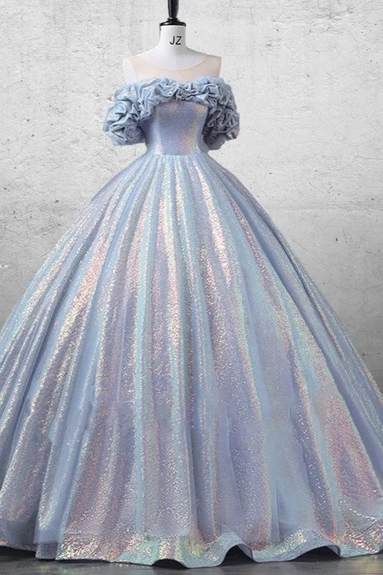 Off The Shoulder Sequin Prom Dress Sheer Neck Floor Length Ball Gown