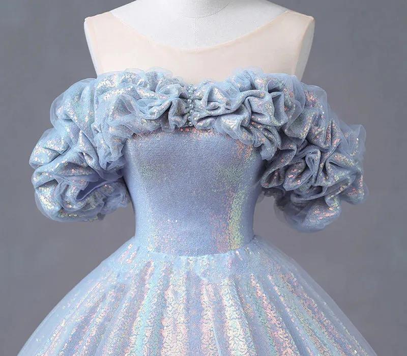 Off The Shoulder Sequin Prom Dress Sheer Neck Floor Length Ball Gown