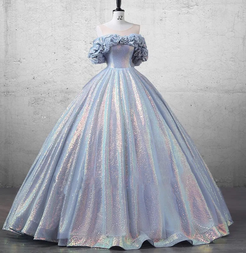 Off The Shoulder Sequin Prom Dress Sheer Neck Floor Length Ball Gown