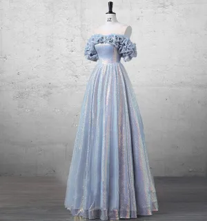 Off The Shoulder Sequin Prom Dress Sheer Neck Floor Length Ball Gown