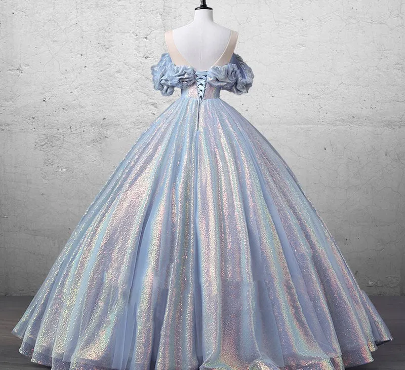 Off The Shoulder Sequin Prom Dress Sheer Neck Floor Length Ball Gown