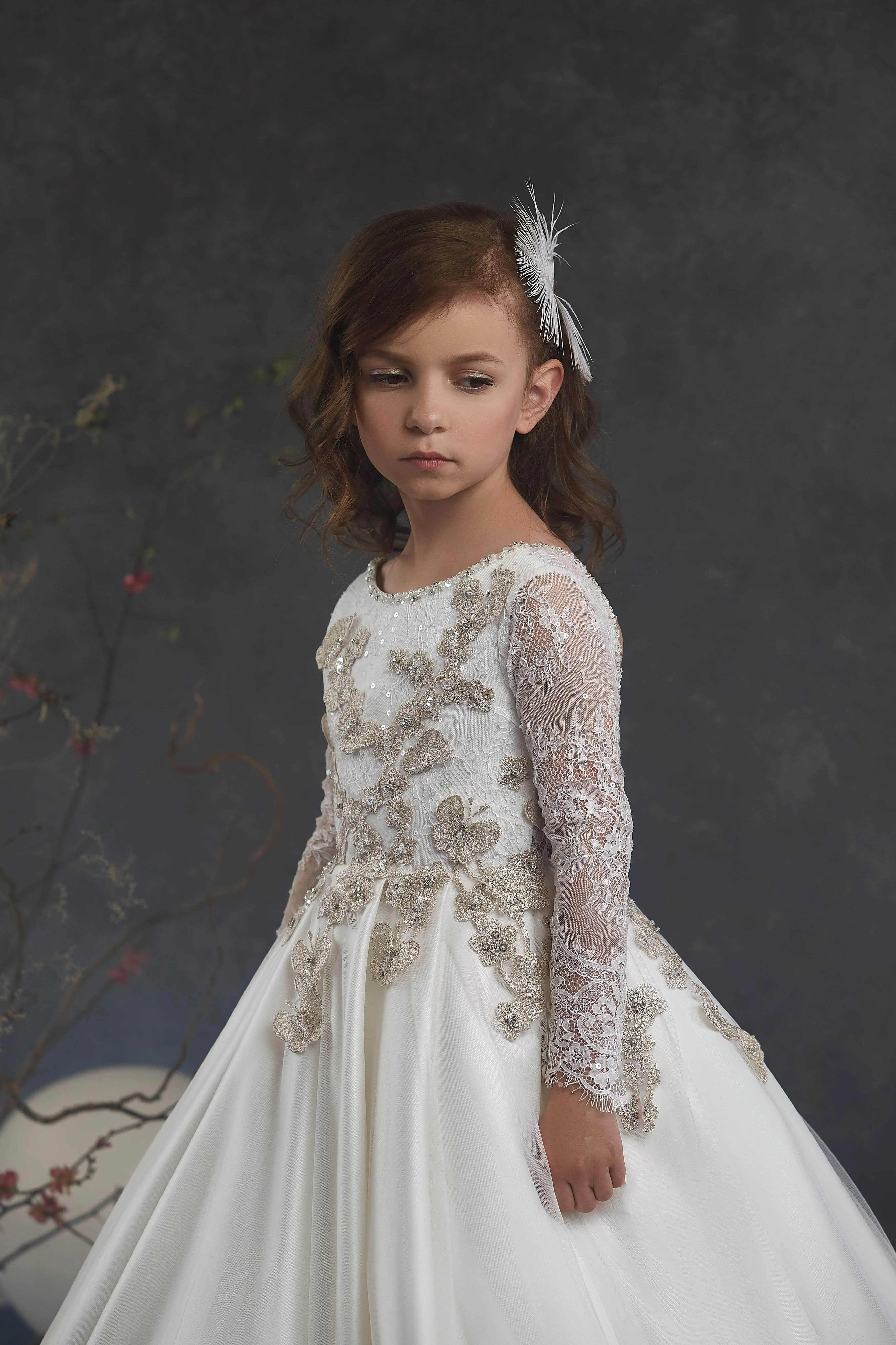 Off-White Open Back Girls Dress with Gold embroidery flowers