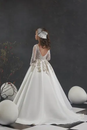 Off-White Open Back Girls Dress with Gold embroidery flowers
