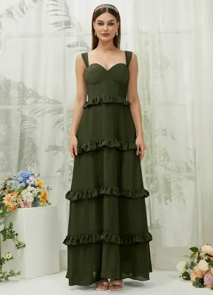 Olive Chiffon Sweetheart Straps Tiered Maxi Bridesmaid Dresses