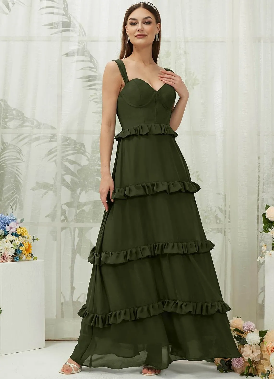 Olive Chiffon Sweetheart Straps Tiered Maxi Bridesmaid Dresses