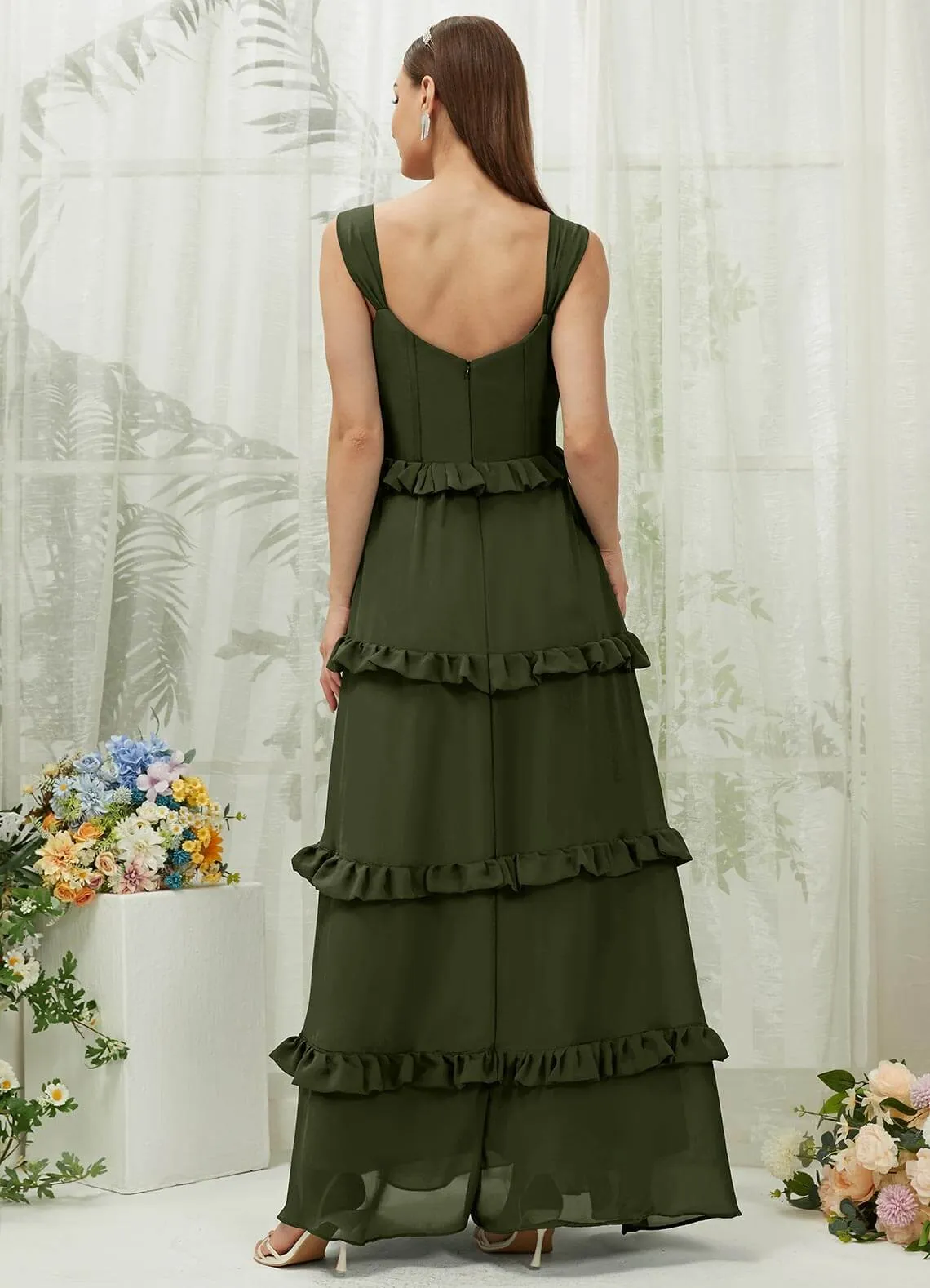 Olive Chiffon Sweetheart Straps Tiered Maxi Bridesmaid Dresses