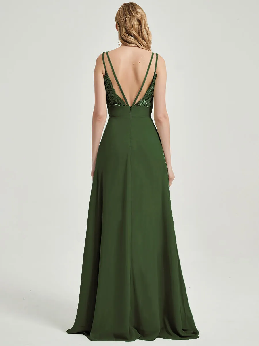 Olive Spaghetti Straps V-Neck Slit Lace Chiffon Maxi Bridesmaid Dress