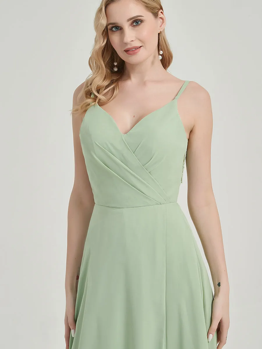 Olive Spaghetti Straps V-Neck Slit Lace Chiffon Maxi Bridesmaid Dress