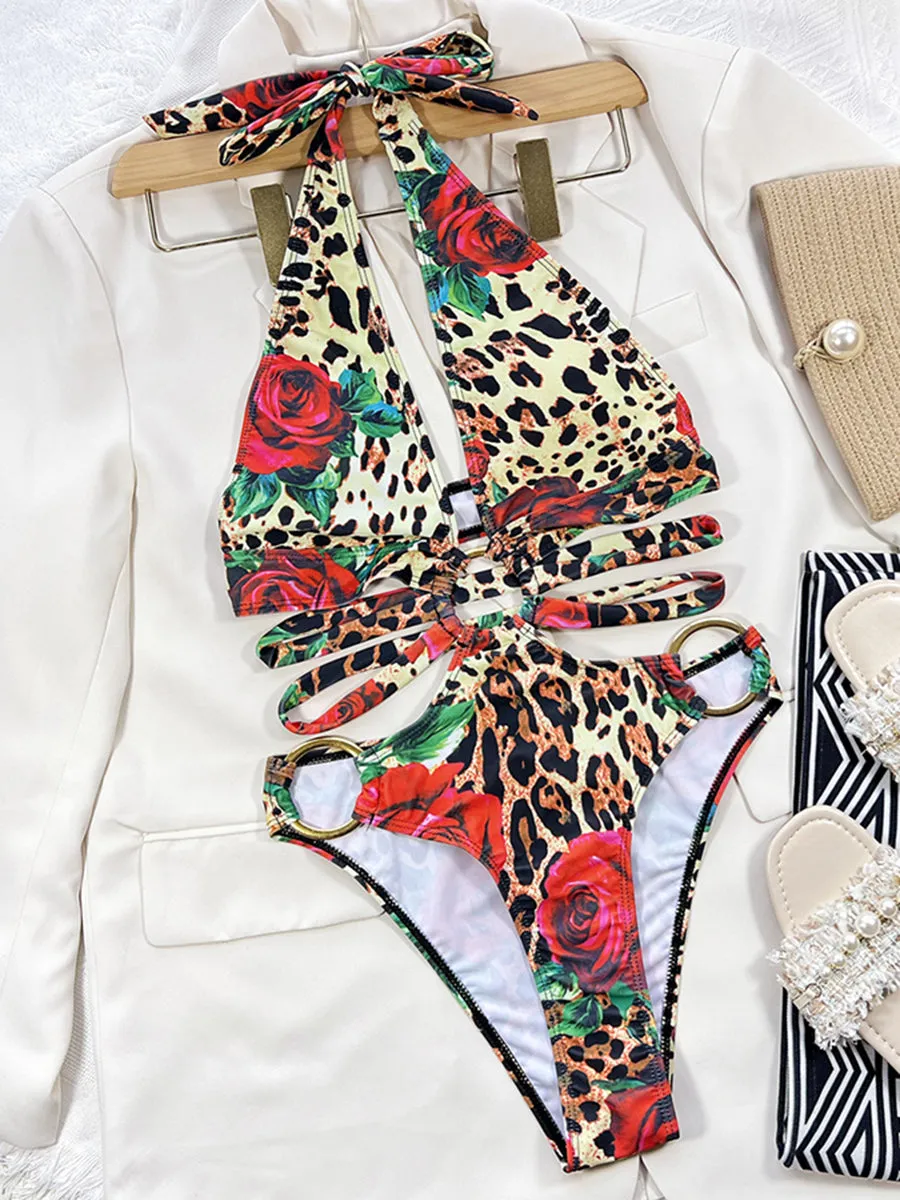 One Piece Swimwear Women Monokini Halter Printed