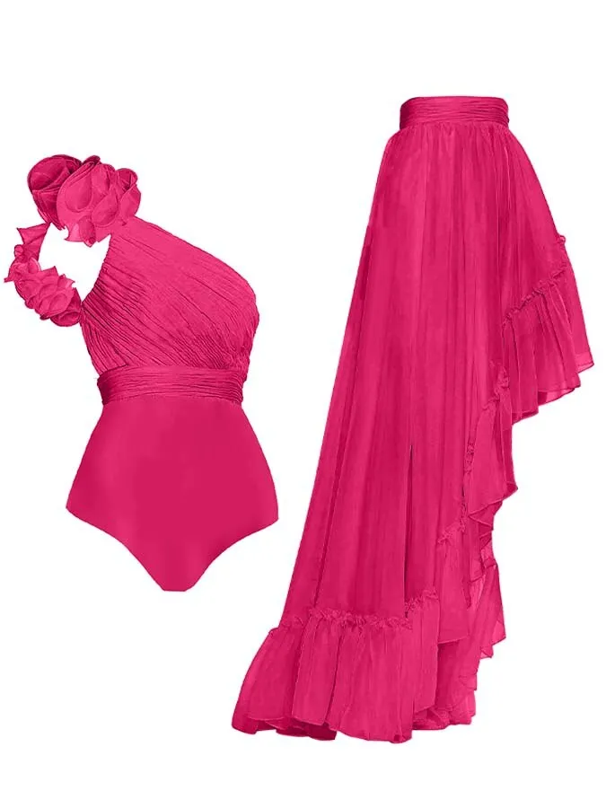 One Shoulder Flower Decorative Lace-up Elegant All-in-one Swimsuit
