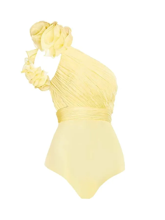 One Shoulder Flower Decorative Lace-up Elegant All-in-one Swimsuit