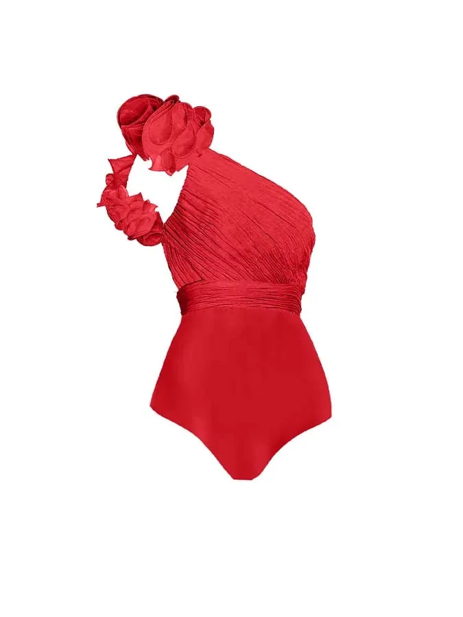 One Shoulder Flower Decorative Lace-up Elegant All-in-one Swimsuit
