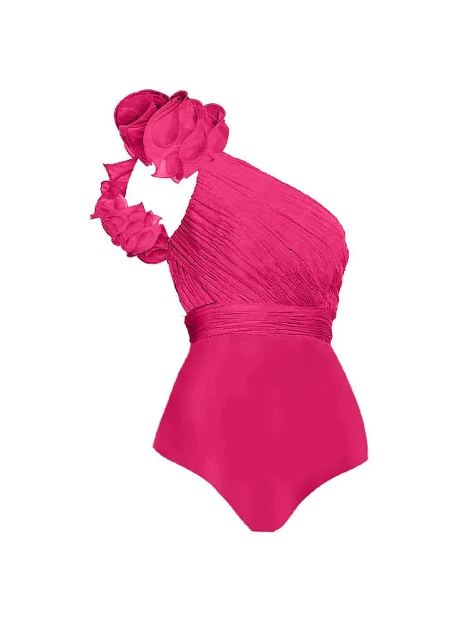 One Shoulder Flower Decorative Lace-up Elegant All-in-one Swimsuit