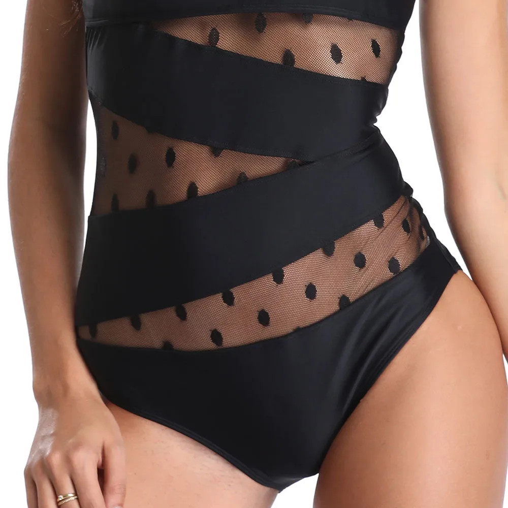 One shoulder One Piece Swimsuit Solid Mesh Swimwear- Plus Sizes