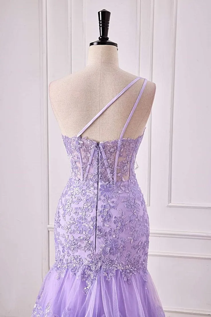 One Shoulder Sequin Violet Purple Prom Dress Tiered Ruffle Mermaid Appliqeus