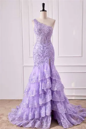 One Shoulder Sequin Violet Purple Prom Dress Tiered Ruffle Mermaid Appliqeus