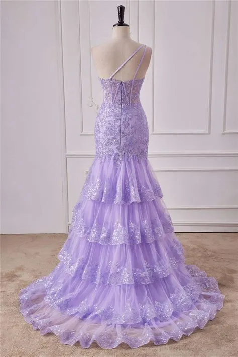One Shoulder Sequin Violet Purple Prom Dress Tiered Ruffle Mermaid Appliqeus