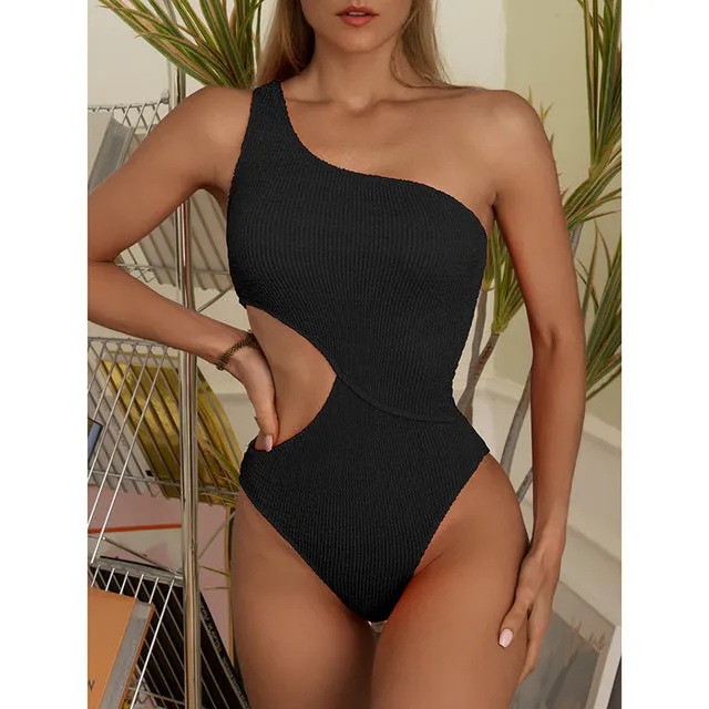 One Shoulder Women Swimsuit One Piece Cut Out Sexy Swimwear