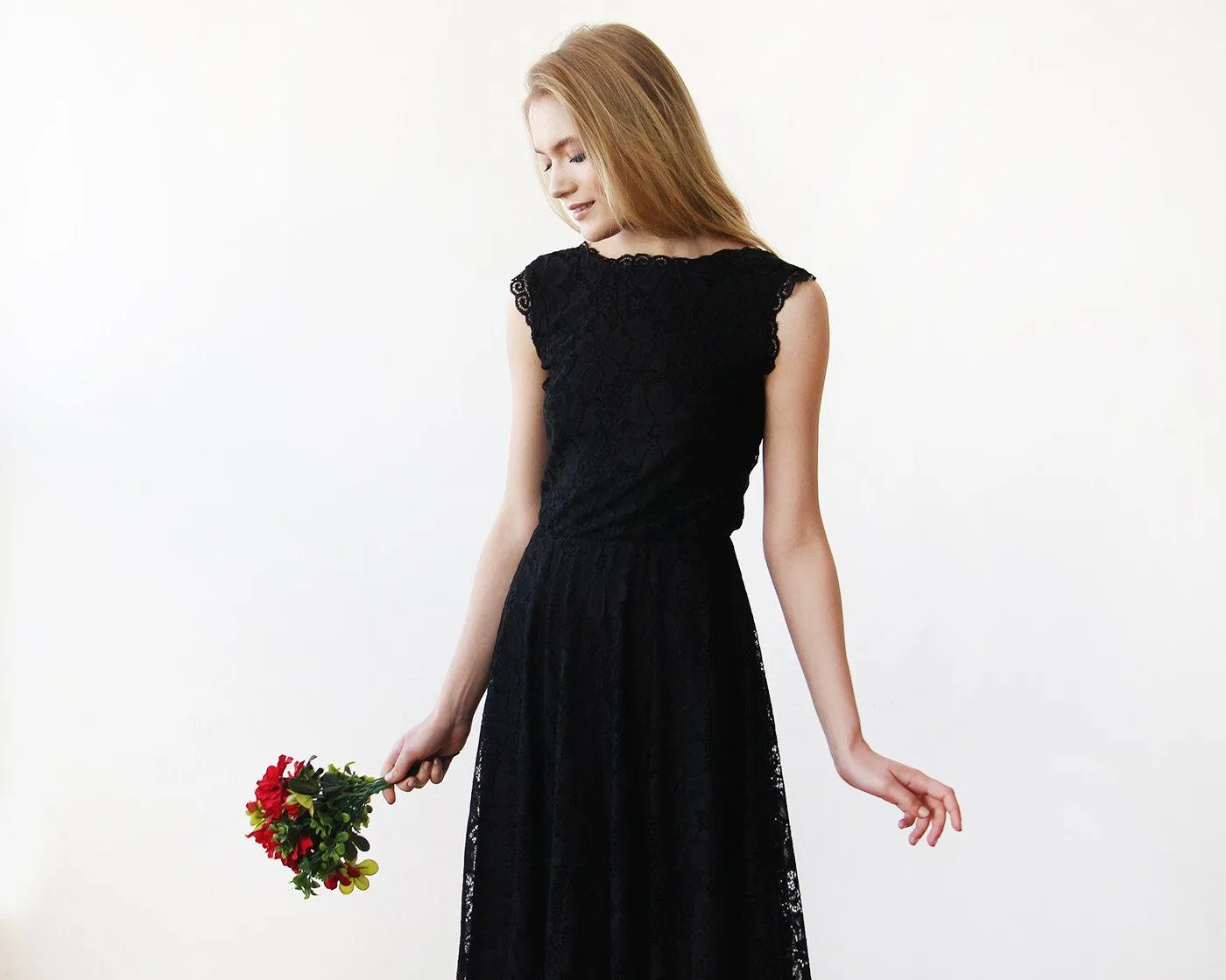 Open back lace midi sleeveless black dress #1143