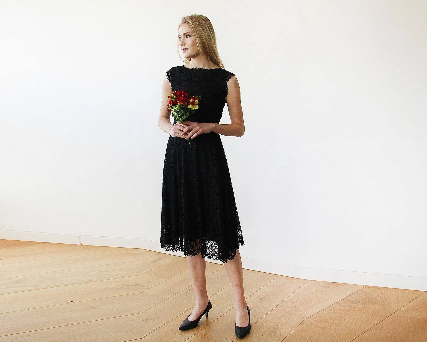 Open back lace midi sleeveless black dress #1143