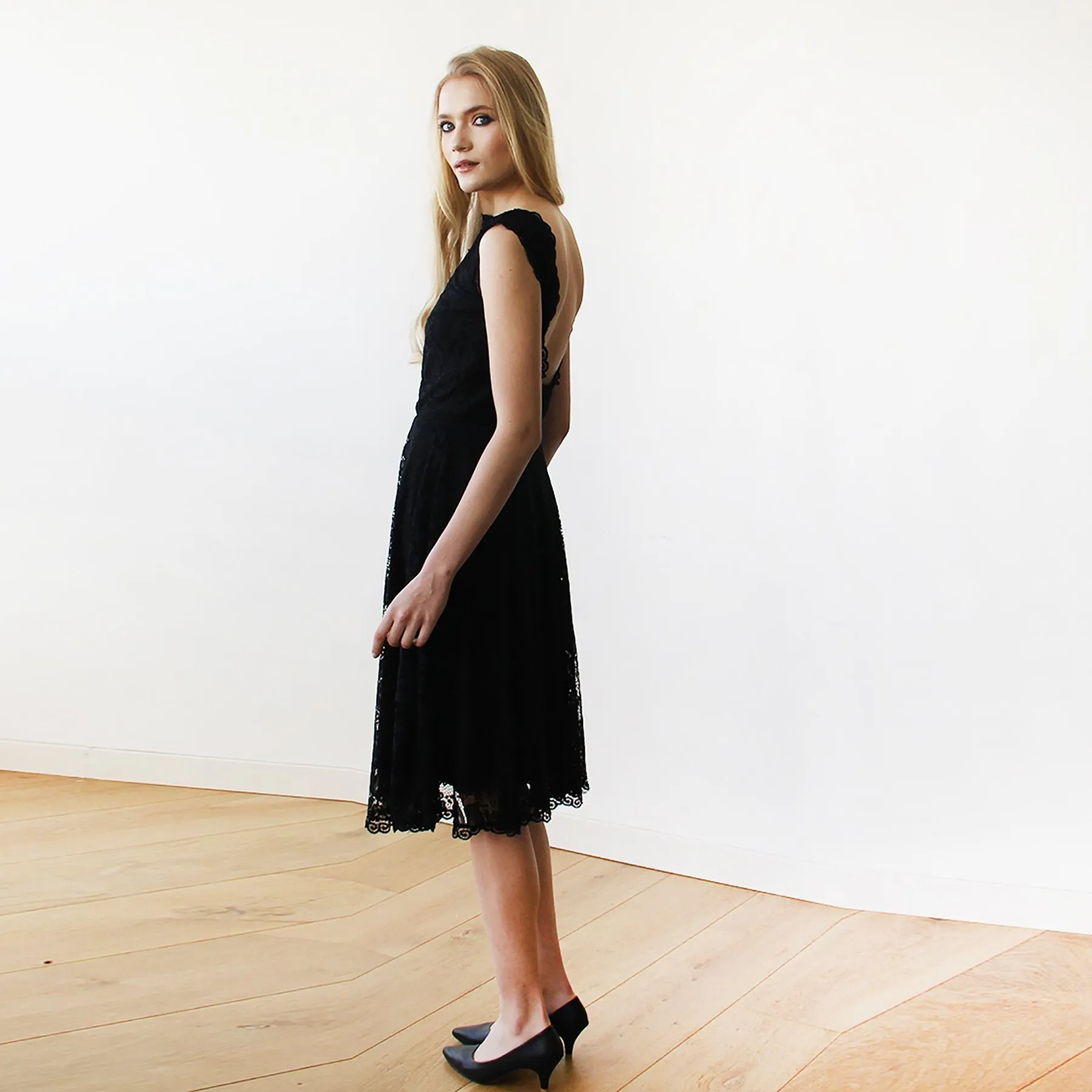 Open back lace midi sleeveless black dress #1143