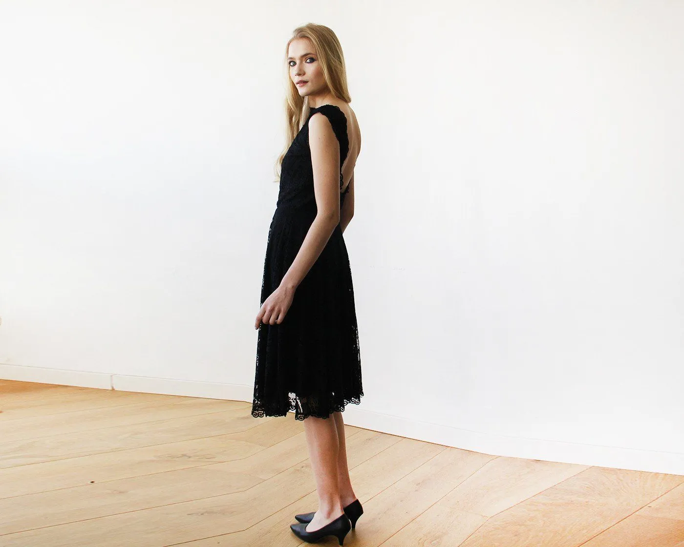 Open back lace midi sleeveless black dress #1143