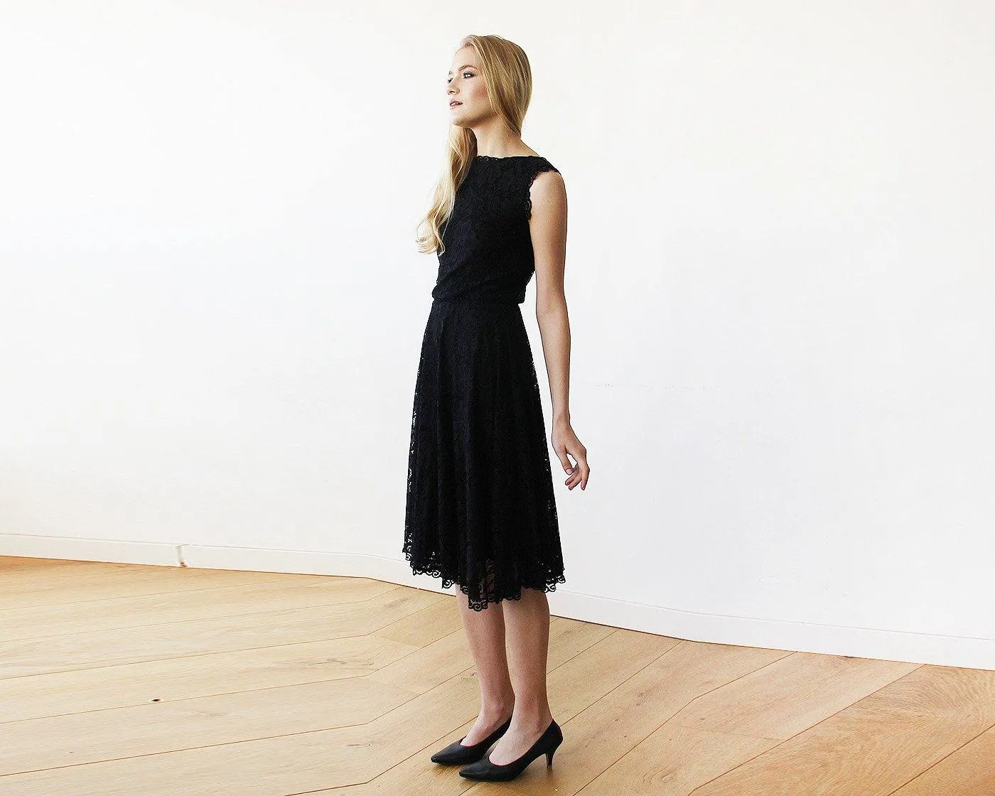 Open back lace midi sleeveless black dress #1143