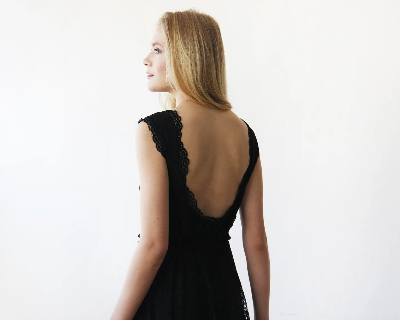 Open back lace midi sleeveless black dress #1143