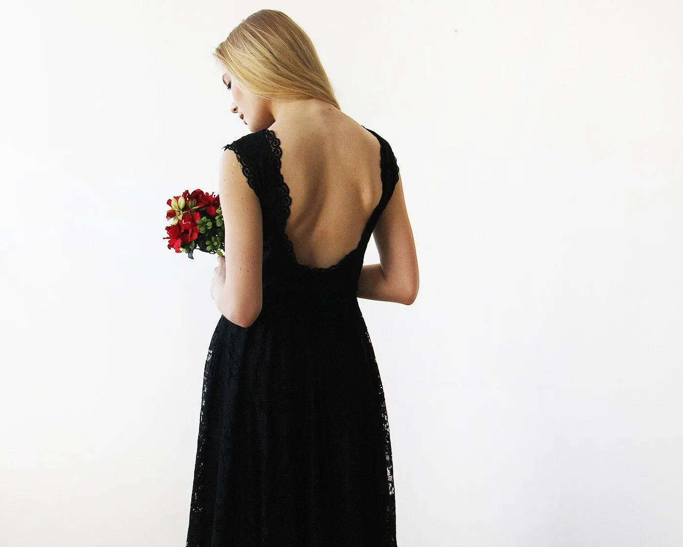Open back lace midi sleeveless black dress #1143