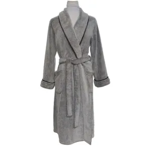 OSCAR DE LA RENTA Pink Label gray belted fluffy plush long robe collar belt