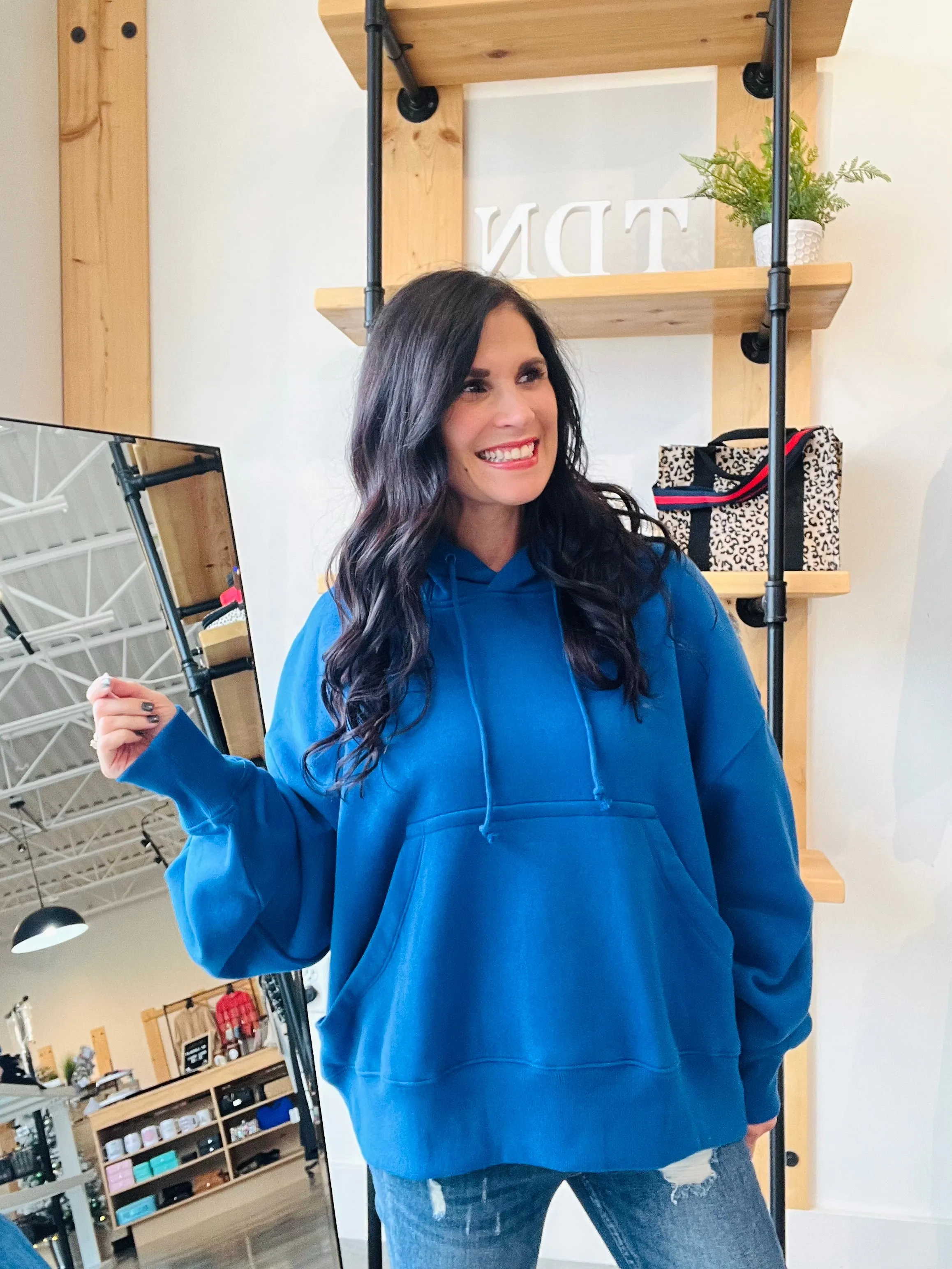 Oversized Fleece Kangaroo Pocket Hoodie - Royal Blue