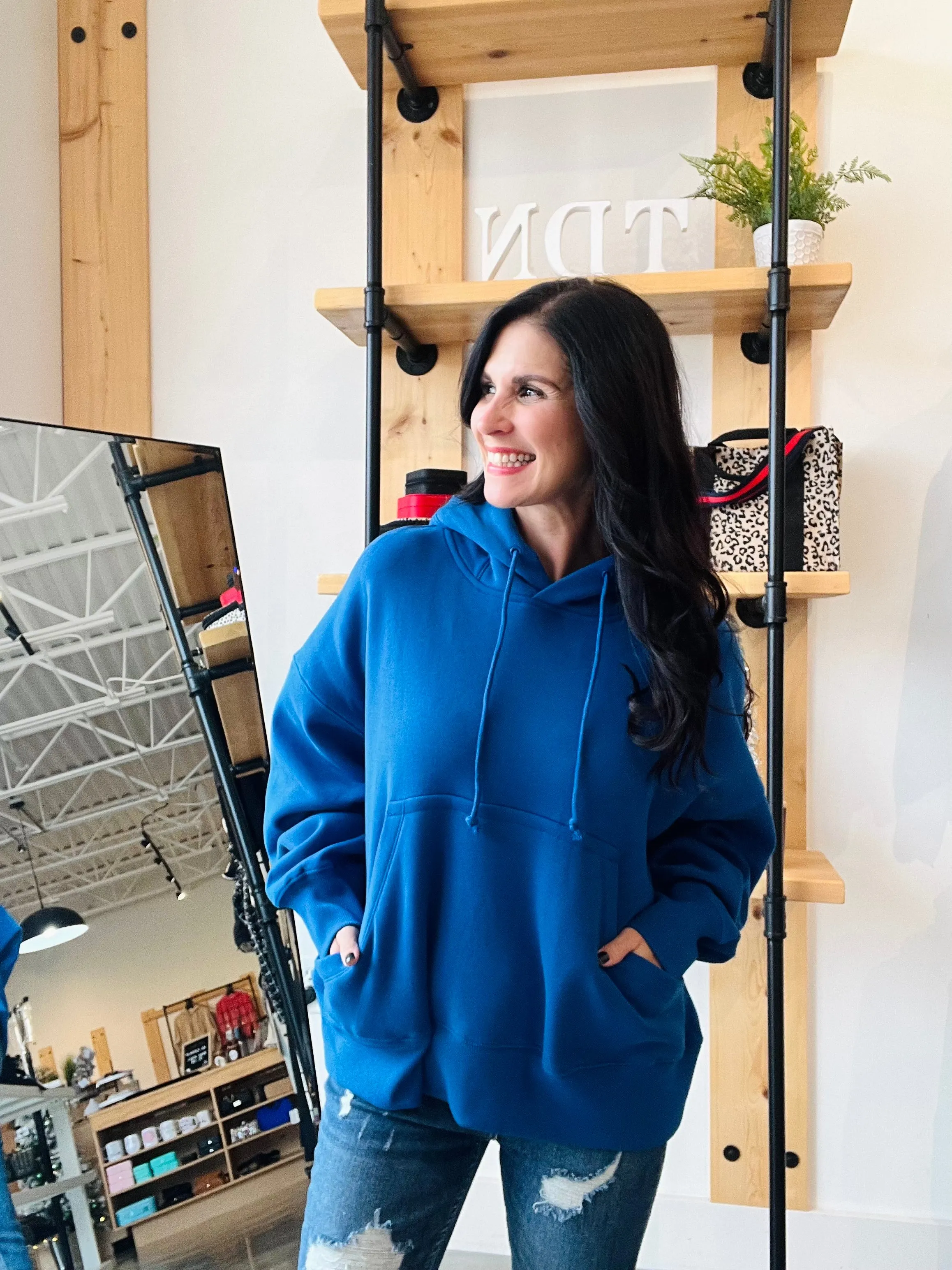 Oversized Fleece Kangaroo Pocket Hoodie - Royal Blue