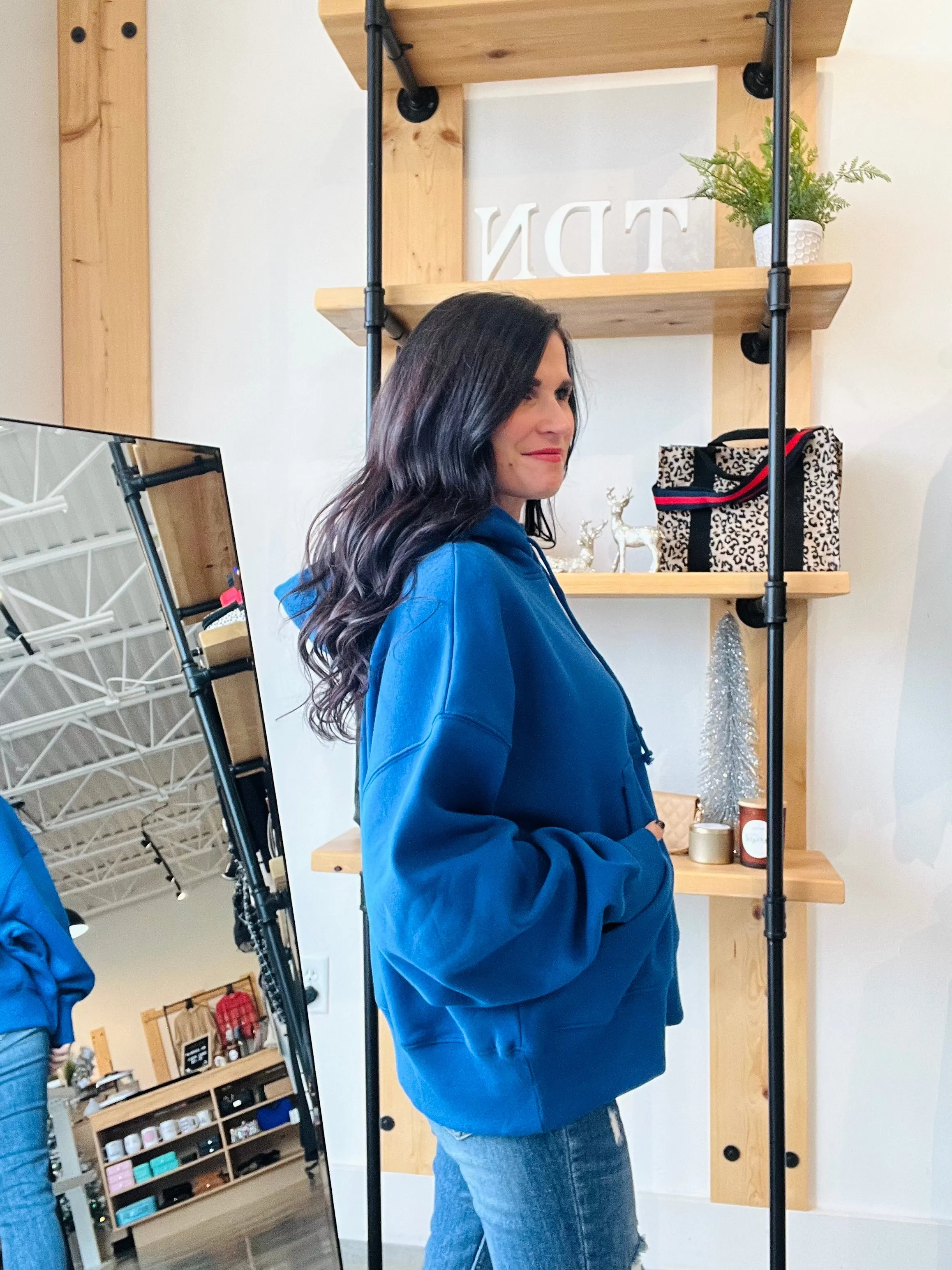 Oversized Fleece Kangaroo Pocket Hoodie - Royal Blue