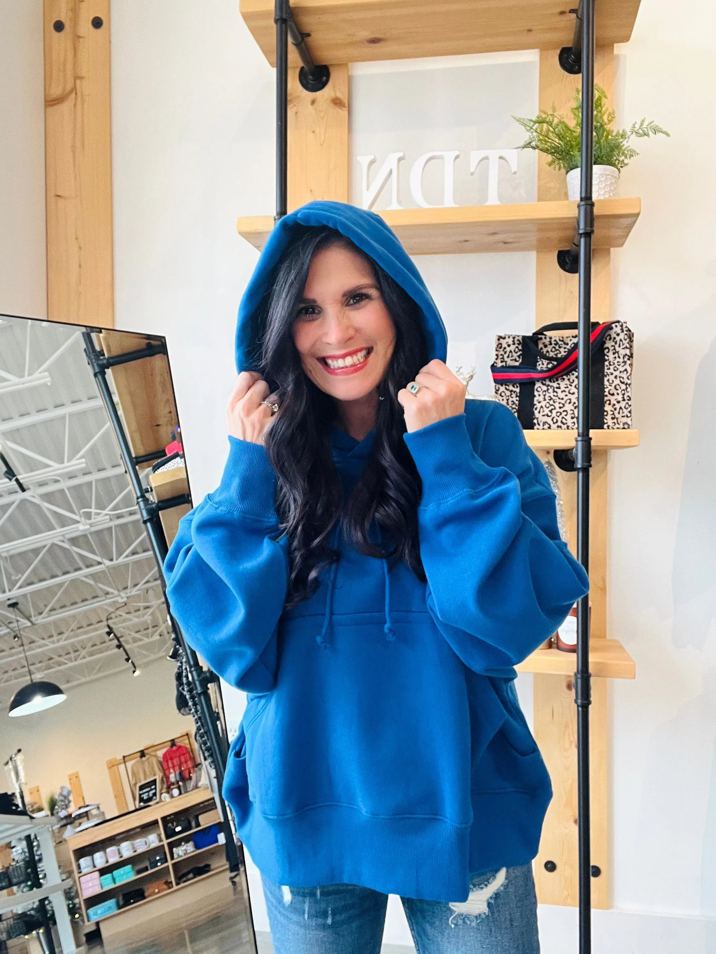 Oversized Fleece Kangaroo Pocket Hoodie - Royal Blue