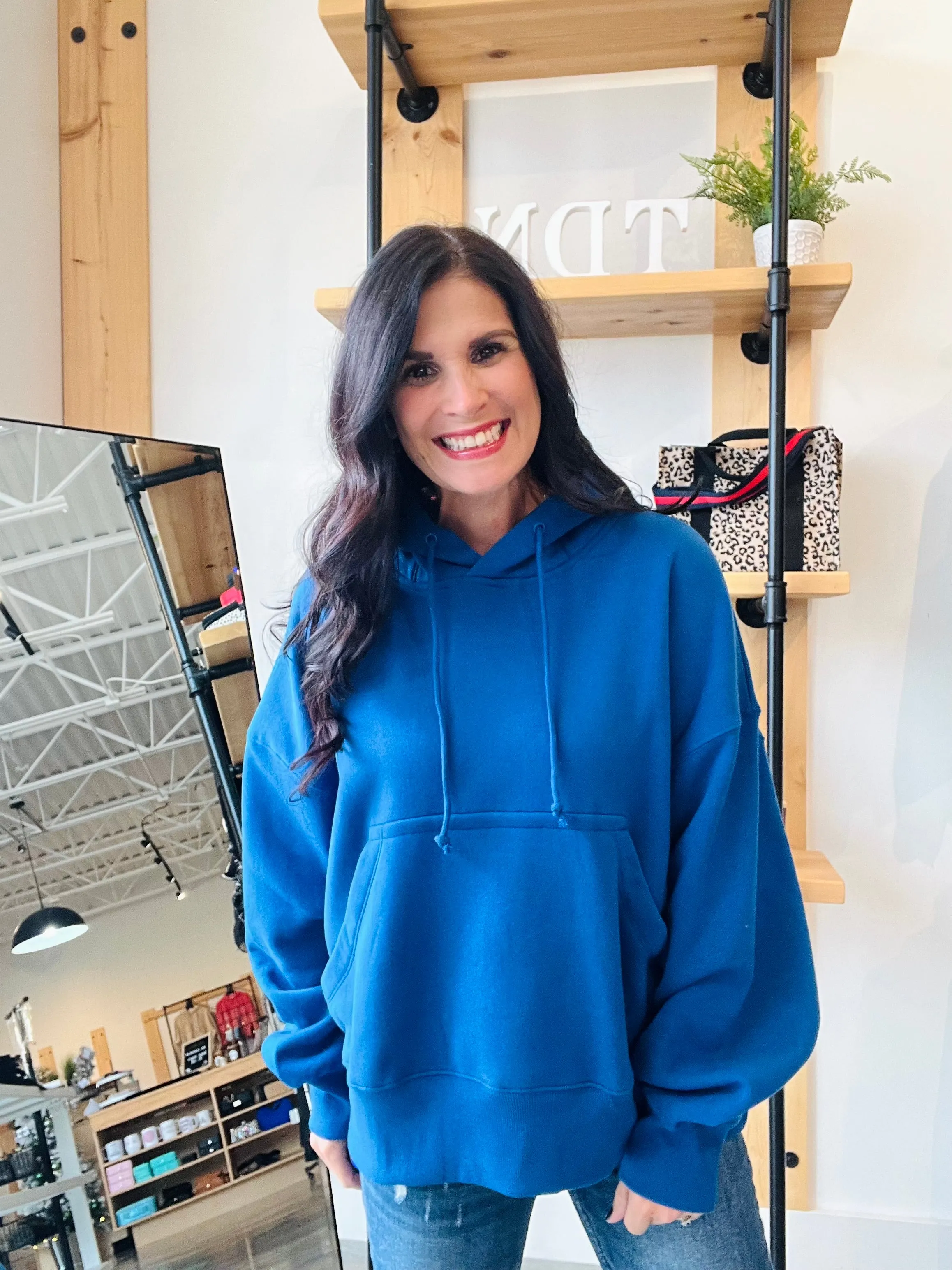 Oversized Fleece Kangaroo Pocket Hoodie - Royal Blue