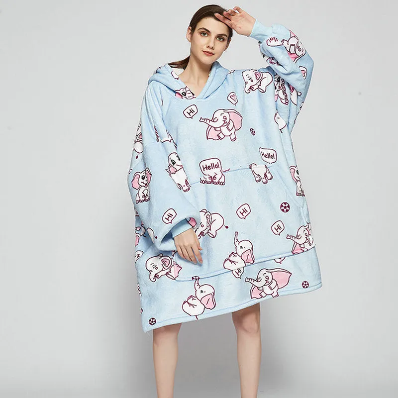 Oversized Wearable Blanket Hoodie Winter Cute Print Fleece Sleepwear Warm And Cozy Sofa Homewear