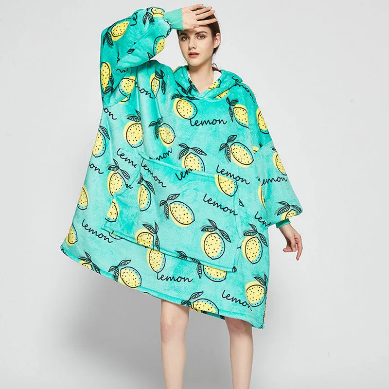Oversized Wearable Blanket Hoodie Winter Cute Print Fleece Sleepwear Warm And Cozy Sofa Homewear
