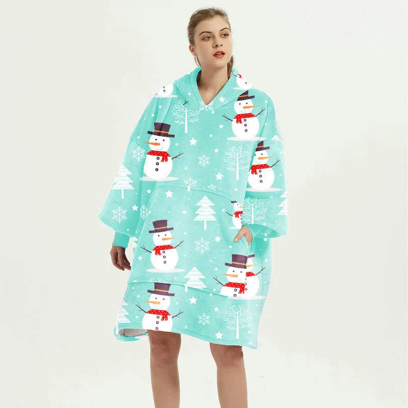Oversized Wearable Blanket Hoodie Winter Cute Print Fleece Sleepwear Warm And Cozy Sofa Homewear