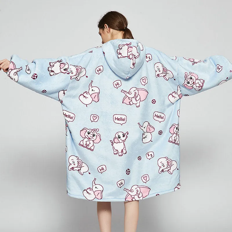 Oversized Wearable Blanket Hoodie Winter Cute Print Fleece Sleepwear Warm And Cozy Sofa Homewear