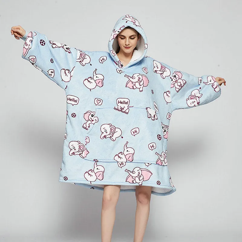 Oversized Wearable Blanket Hoodie Winter Cute Print Fleece Sleepwear Warm And Cozy Sofa Homewear