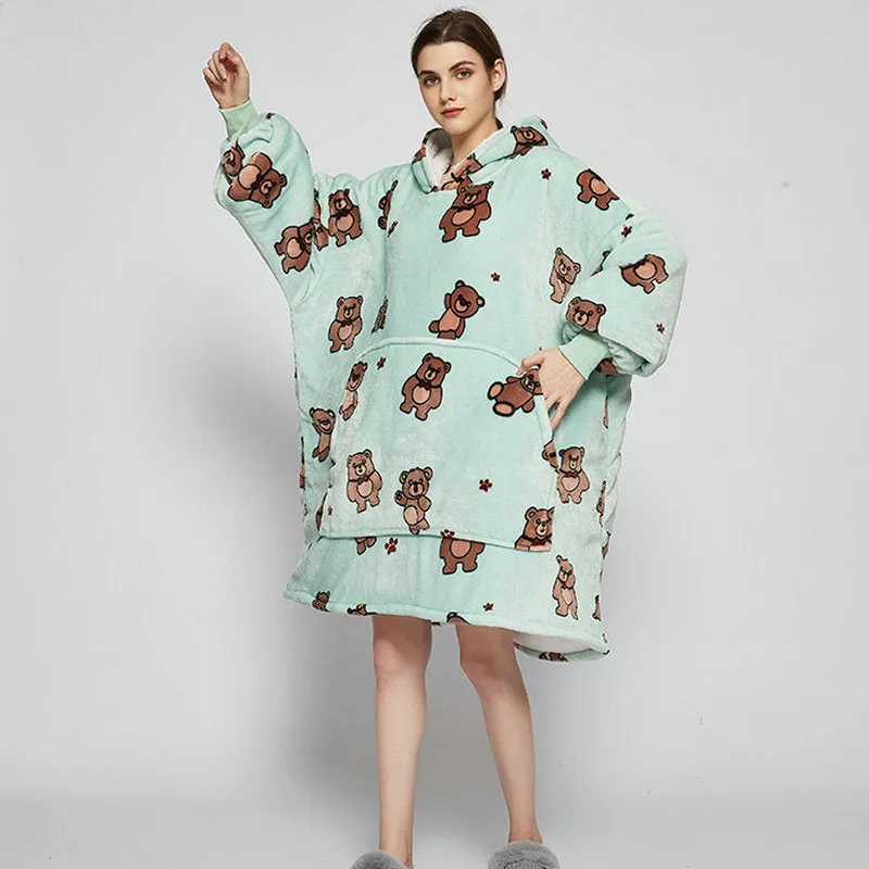 Oversized Wearable Blanket Hoodie Winter Cute Print Fleece Sleepwear Warm And Cozy Sofa Homewear