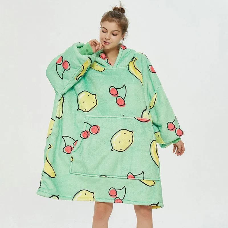 Oversized Wearable Blanket Hoodie Winter Cute Print Fleece Sleepwear Warm And Cozy Sofa Homewear