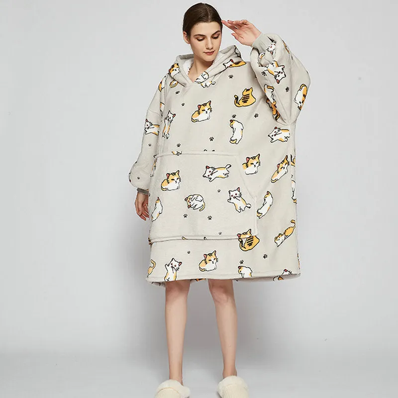 Oversized Wearable Blanket Hoodie Winter Cute Print Fleece Sleepwear Warm And Cozy Sofa Homewear