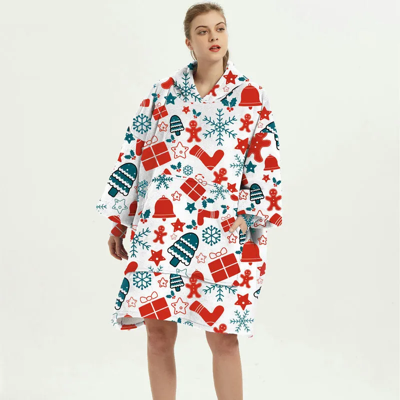 Oversized Wearable Blanket Hoodie Winter Cute Print Fleece Sleepwear Warm And Cozy Sofa Homewear