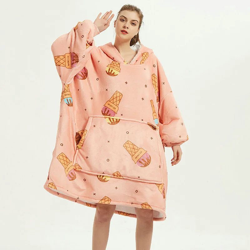 Oversized Wearable Blanket Hoodie Winter Cute Print Fleece Sleepwear Warm And Cozy Sofa Homewear