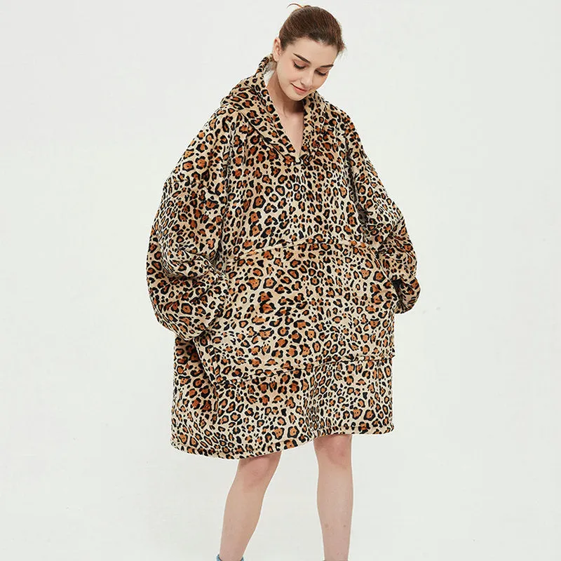 Oversized Wearable Blanket Hoodie Winter Cute Print Fleece Sleepwear Warm And Cozy Sofa Homewear