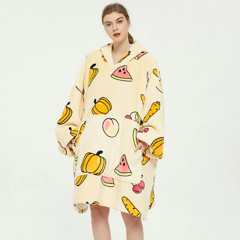 Oversized Wearable Blanket Hoodie Winter Cute Print Fleece Sleepwear Warm And Cozy Sofa Homewear