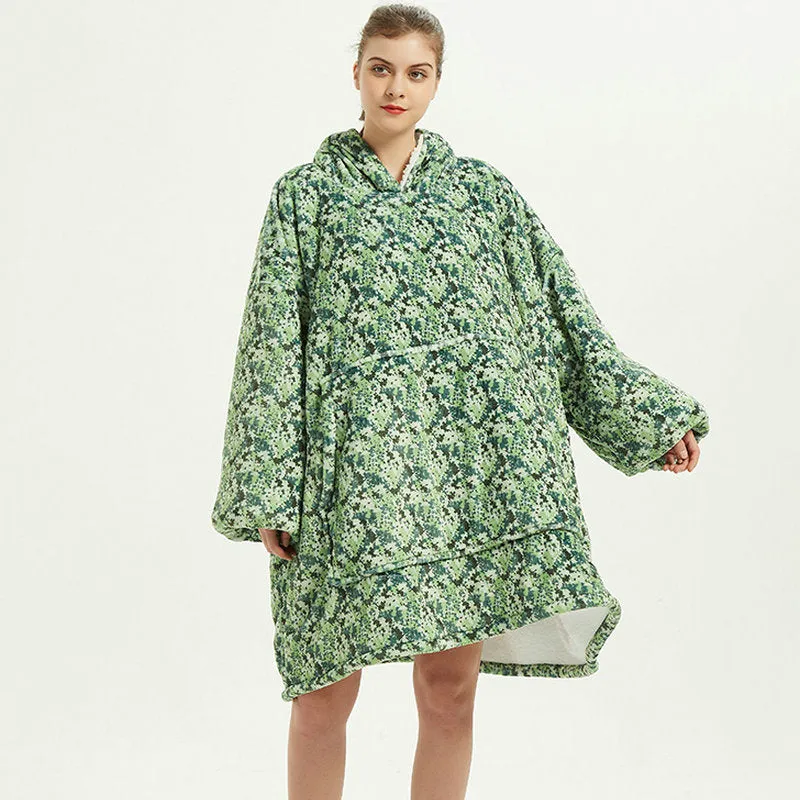 Oversized Wearable Blanket Hoodie Winter Cute Print Fleece Sleepwear Warm And Cozy Sofa Homewear